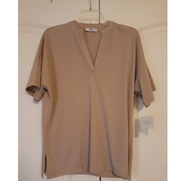 Natori Breeze Cotton Blend V Neck Neutral Beige Sleep T Shirt XL NEW - Picture 1 of 5
